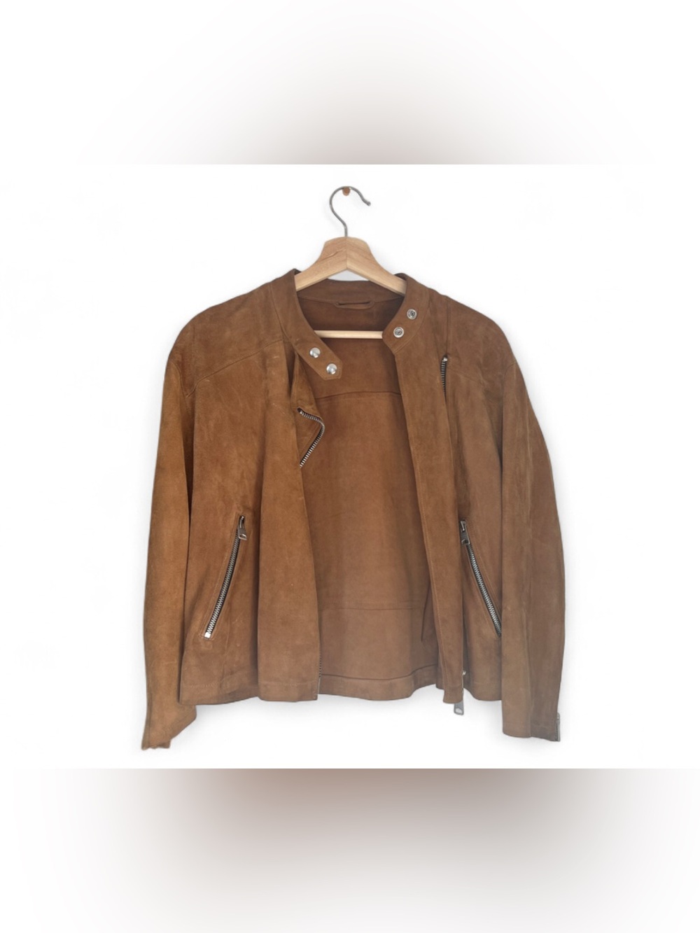 All saints dahlia tan suede zip up moto jacket size 4 /36 - Picture 2 of 6